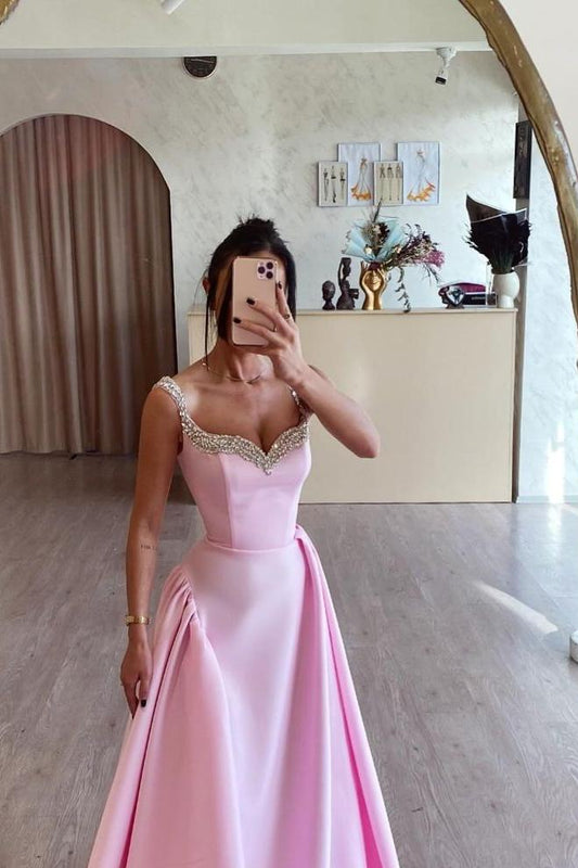 Beautiful Pink Satin Sleeveless Spaghtti Strap Long Prom Dress with Beadings
