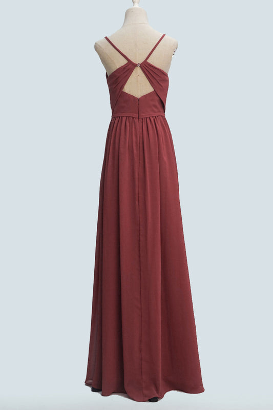 Scarlet A-line Spaghetti Straps Pleated Back Keyhole Long Bridesmaid Dress