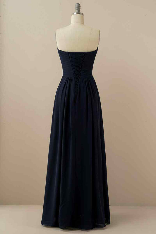 A-line Strapless Chiffon Pleated Lace-Up Back Long Bridesmaid Dress