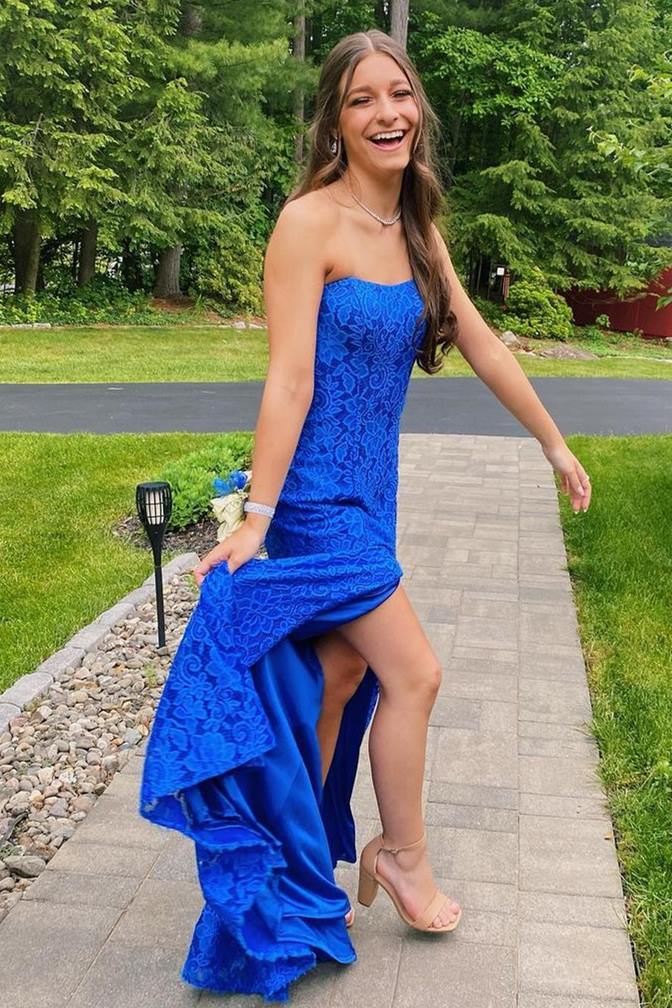 Mermaid Strapless Royal Blue Lace Satin Prom Dress with Slit SH1664