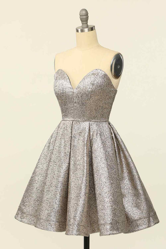 Silver A-line Strapless Sweetheart Lace-Up Back Mini Homecoming Dress