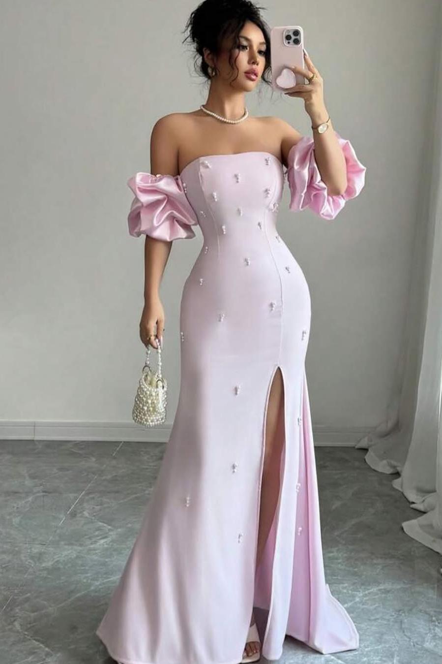 Chic Pink Strapless Beaded Bubble Sleeves Split Prom Dress with Pearl