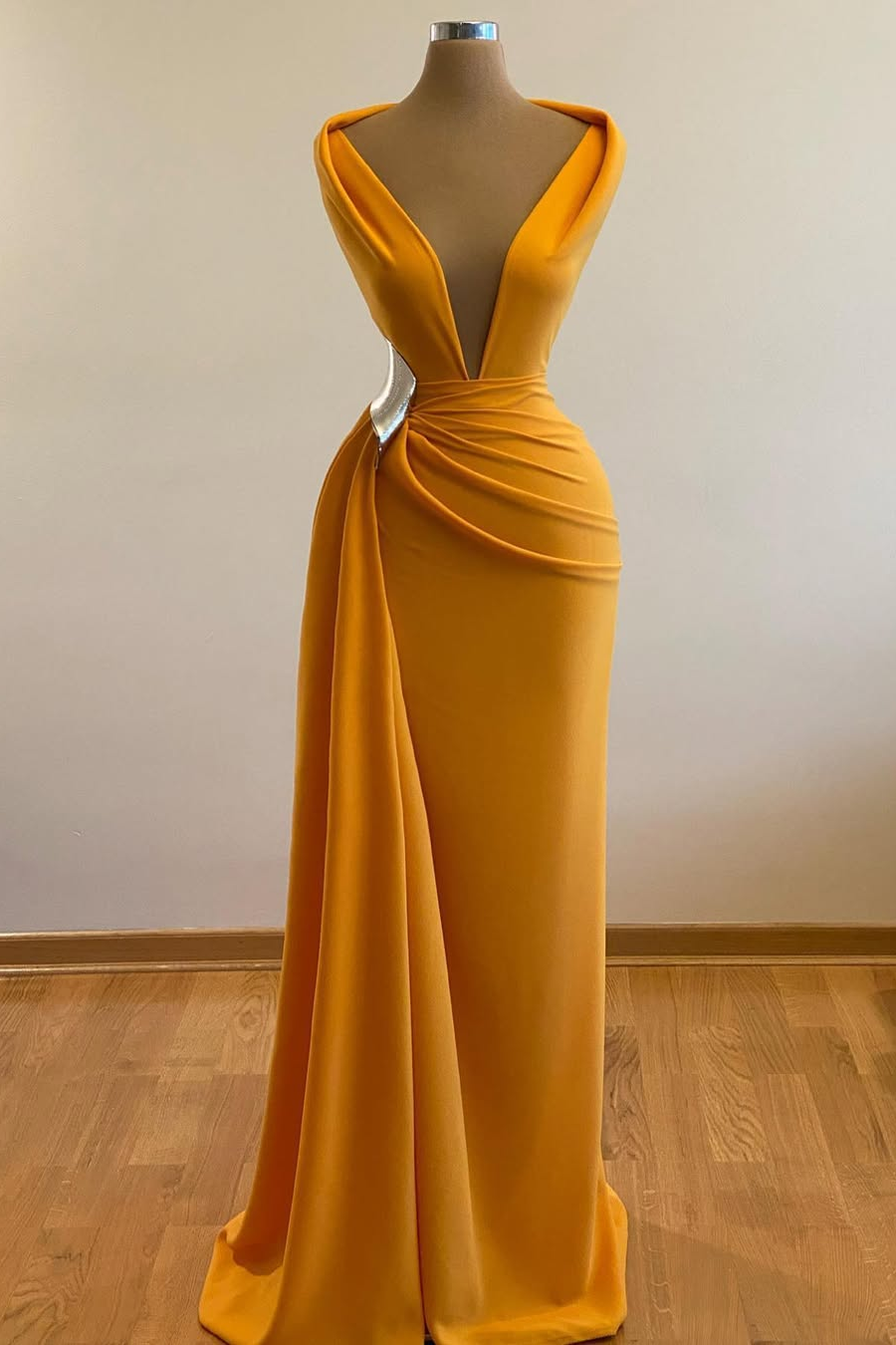 Simple Orange Sleeveless Deep V-Neck Mermaid Prom Dress