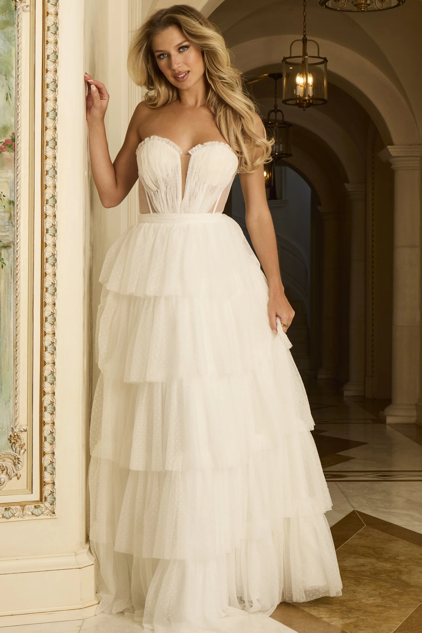 White Sleeveless Strapless Deep V-Neck A-Line Prom Dress