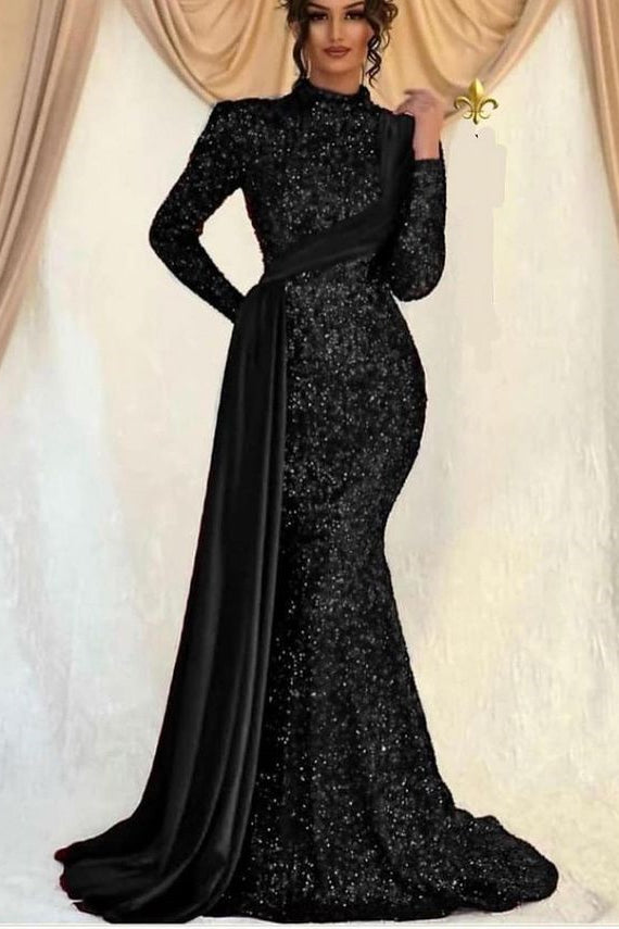 Long Sleeves Mermaid Sequins Prom High Collar Dress With Ruffle