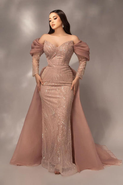 Glamorous Sequins Off the Shoulder Long Sleeves Mermaid Prom Dress with Pleated