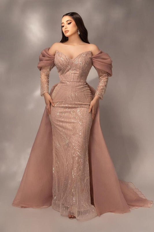 Glamorous Sequins Off the Shoulder Long Sleeves Mermaid Prom Dress with Pleated