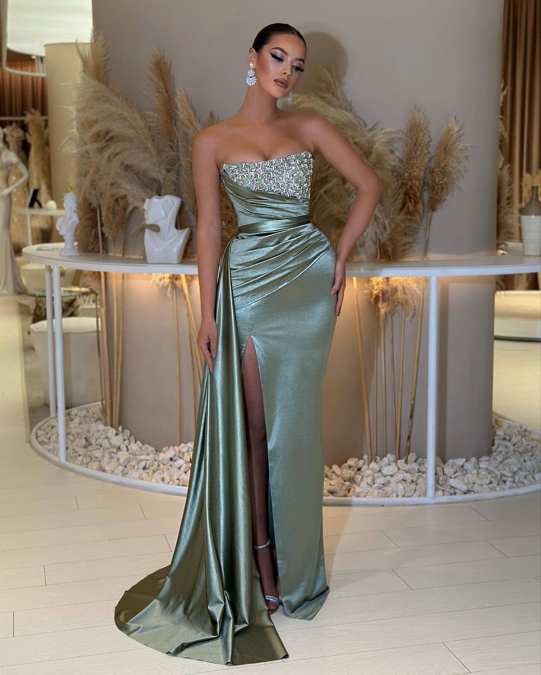 Strapless Beading Sleeveless Slit Prom Dress with Ruffle