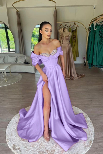 Elegant Fuchsia Off-The-Shoulder Beaded Sweetheart Prom Dress With Split