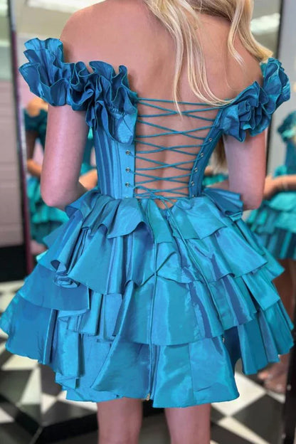 Blue Off-the-shoulder A-line Satin Appliques Mini Homecoming Dress