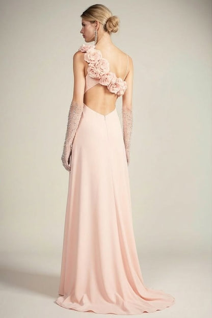 Elegant SleevelessOne Shoulder Appliques Embroidery Evening Dress With Gloves