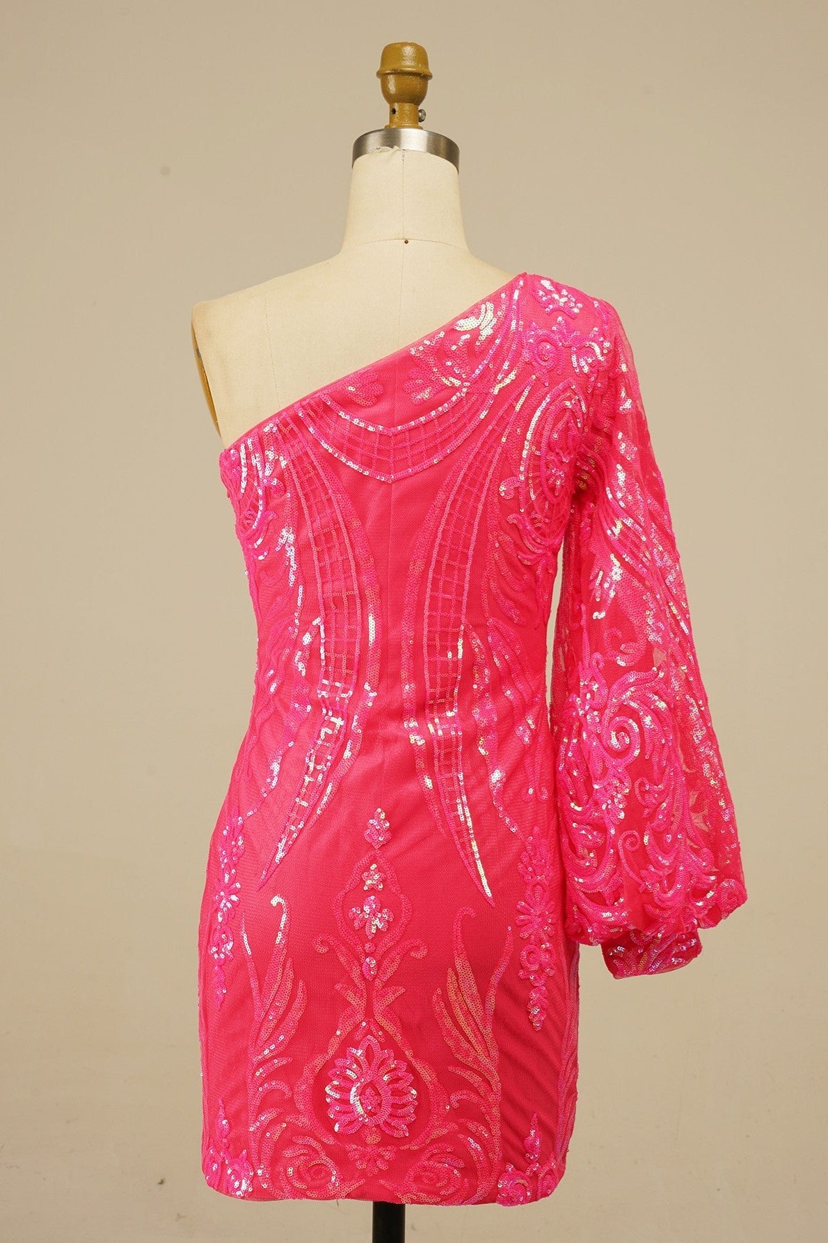Orange One Shoulder Long Sleeve Sequins-Embroidered Homecoming Dress