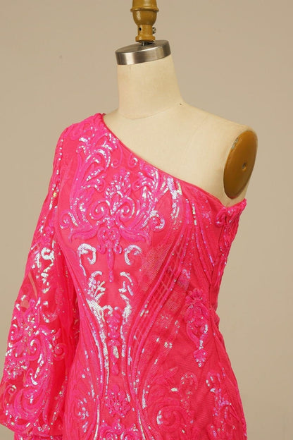 Orange One Shoulder Long Sleeve Sequins-Embroidered Homecoming Dress