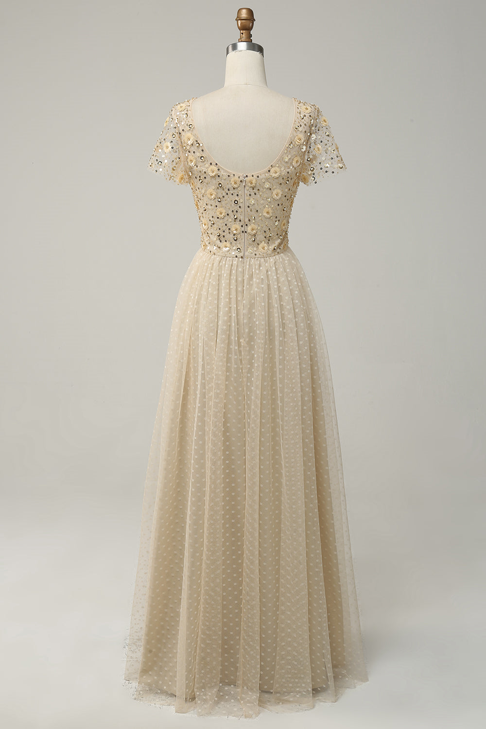 Champagne A-line Dot Appliques Illusion Neck Beaded Long Prom Dress