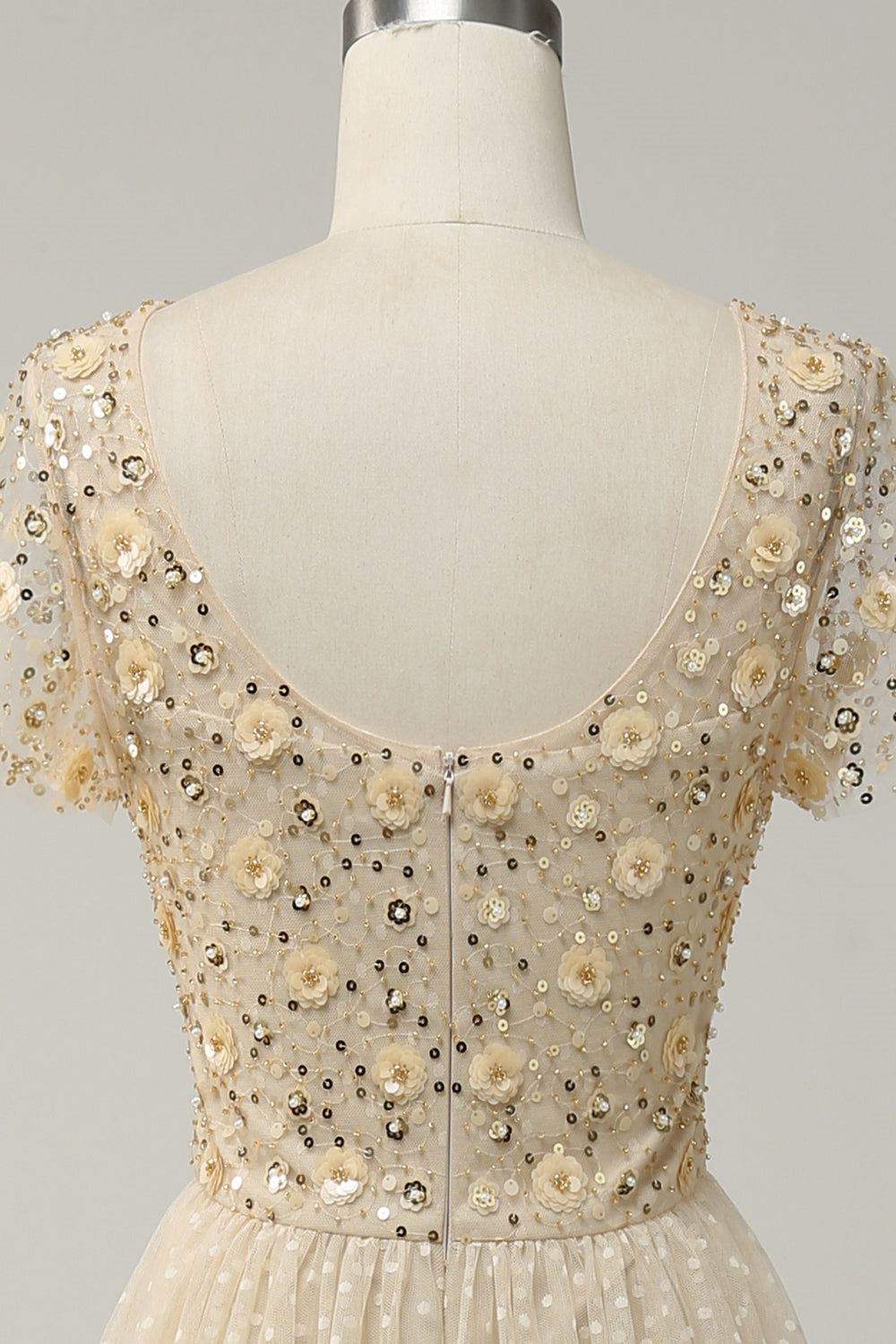 Champagne A-line Dot Appliques Illusion Neck Beaded Long Prom Dress