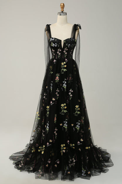 Black Bow Tie Shoulder A-line Embroidery Tulle Long Prom Dress