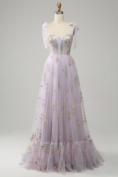 Black Bow Tie Shoulder A-line Embroidery Tulle Long Prom Dress