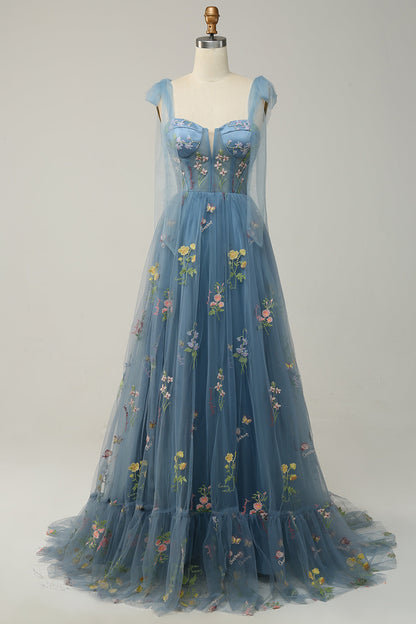 Black Bow Tie Shoulder A-line Embroidery Tulle Long Prom Dress
