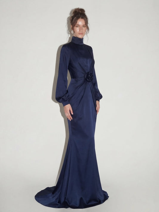 Elegant Long Sleeves High Neck Mermaid Long Evening Dress With Flower
