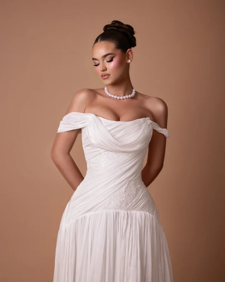 Charming White Off-the-Shoulder A-Line Evening Dress in Chiffon Pleated