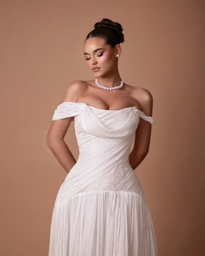 Charming White Off-the-Shoulder A-Line Evening Dress in Chiffon Pleated