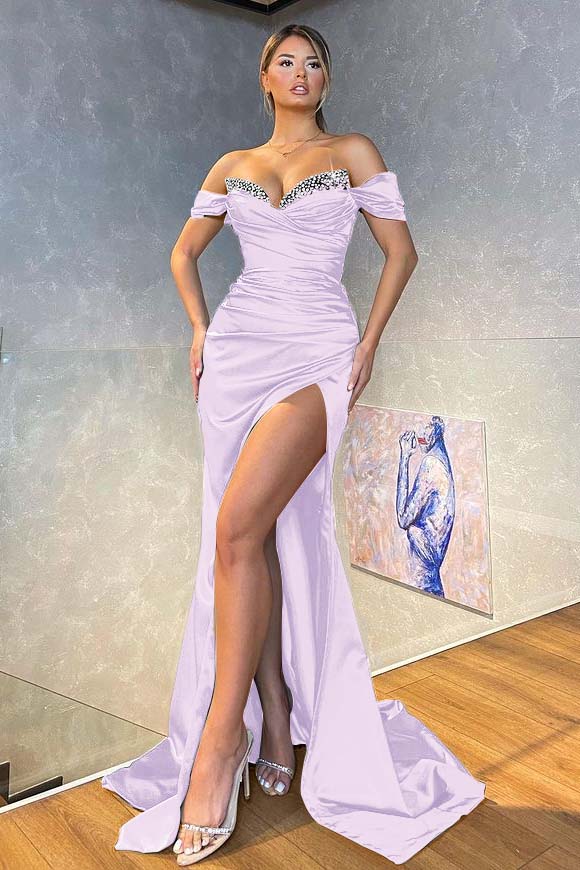 Off-the-Shoulder Dark Green Mermaid Prom Dress Split