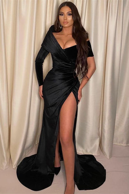 Black  Long Sleeves Prom Dress With Mermaid Split Off-The-Shoulder