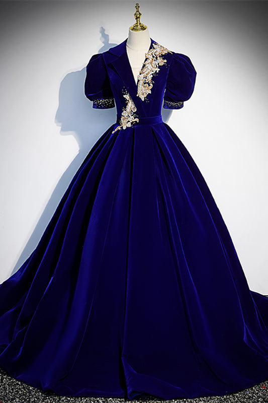 V-Neck Short Sleeves A-Line Empire Velvet Formal Prom Dress