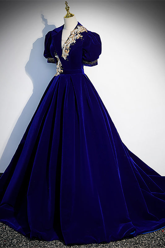 V-Neck Short Sleeves A-Line Empire Velvet Formal Prom Dress