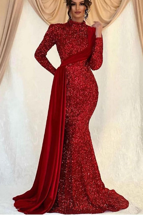 Long Sleeves Mermaid Sequins Prom High Collar Dress With Ruffle