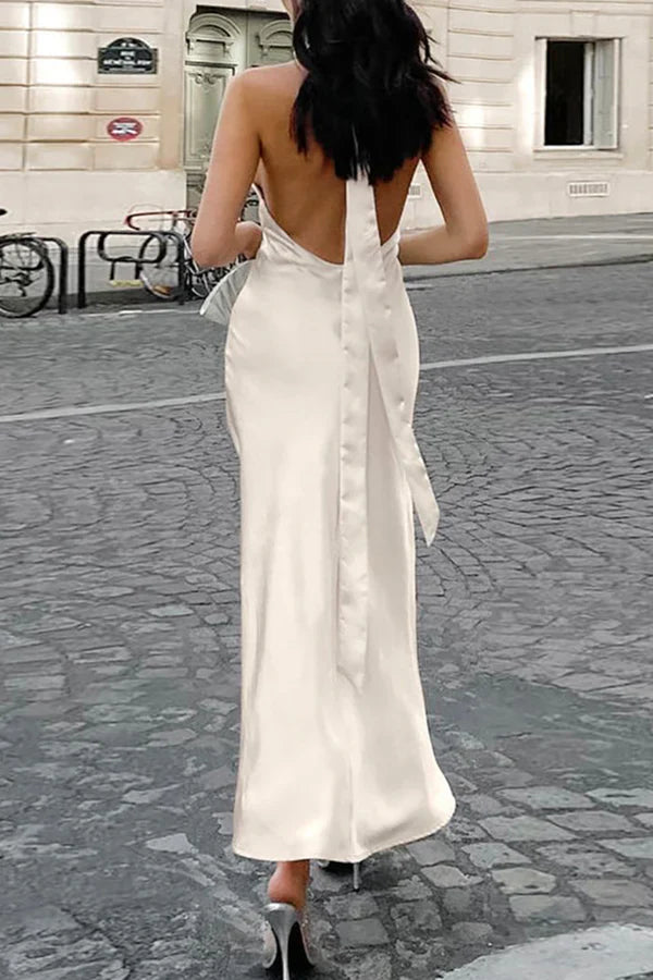 Simple Sheath Halter Light Champagne Satin Open Back Prom Dress Evening Dress SH2358