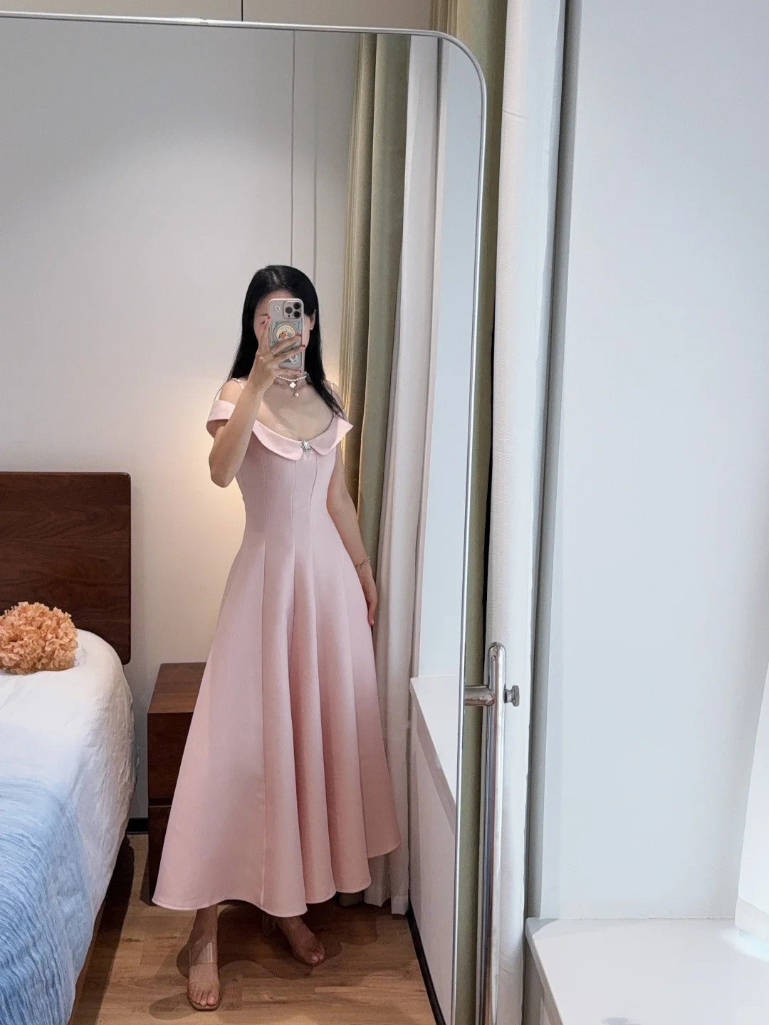 Sweet And Elegant Pink A-line Off-shoulder Satin Prom Dress Evening Dress P4169