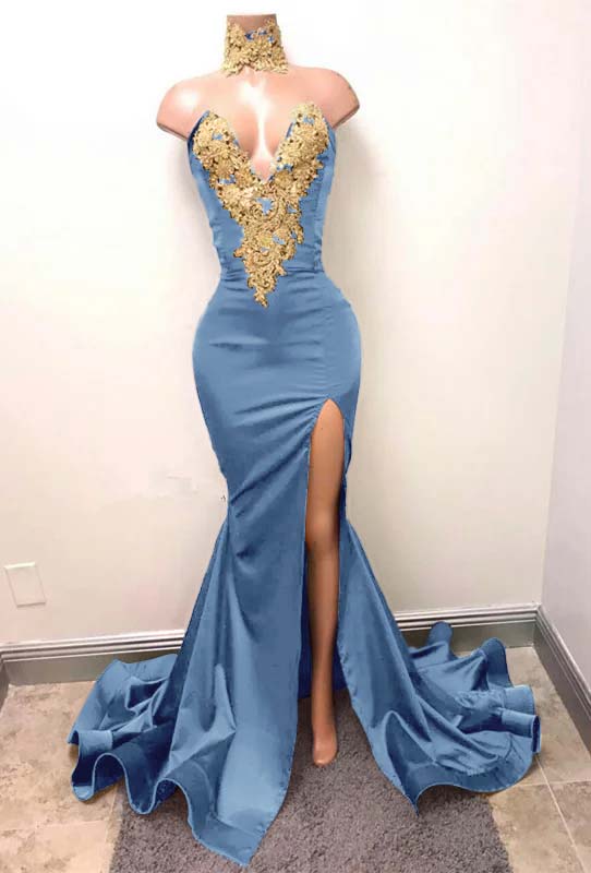 Mermaid Burgundy V-Neck Prom Dress Split With Lace Appliques