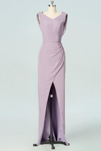 Lilac Mermaid V-neckline Cowl Back Pleated Slit Long Bridesmaid Dress