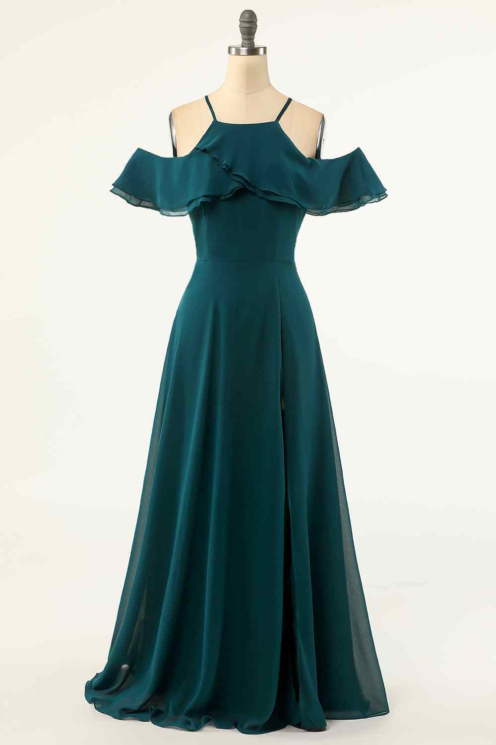 Peacock Green A-line Off-Shoulder Chiffon Crepe Long Bridesmaid Dress