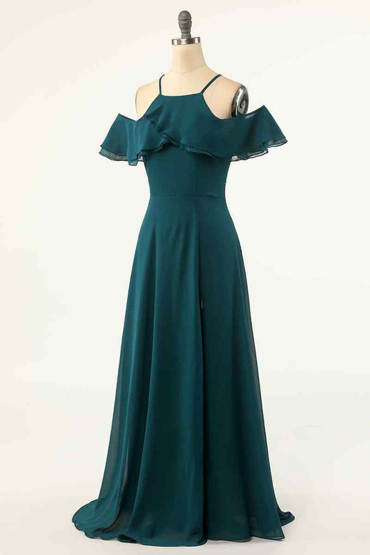Peacock Green A-line Off-Shoulder Chiffon Crepe Long Bridesmaid Dress