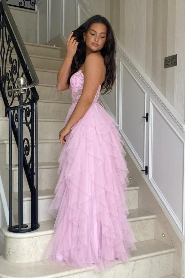 Coral A Line Sweetheart Neck Layered Tulle Long Wedding Guest Dress Evening Dress with Slit SH2918