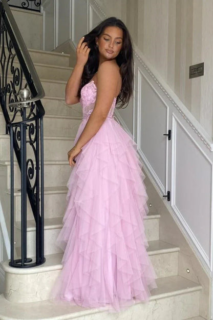 Coral A Line Sweetheart Neck Layered Tulle Long Wedding Guest Dress Evening Dress with Slit SH2918
