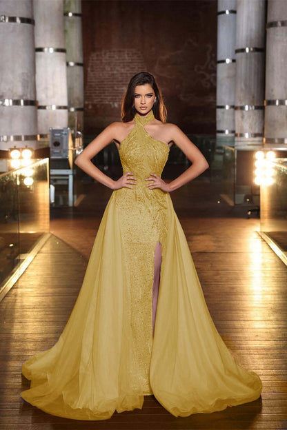 Purple Halter Mermaid Prom Dress Tulle Ruffles With Slit Appliques