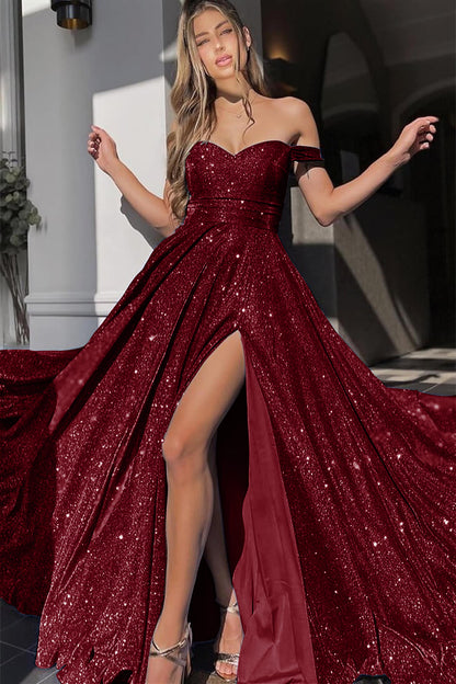 Mermaid Front Split Prom Dress With Sequins Off-The-Shoulder V-Neck
