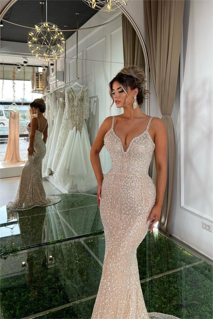 Gorgeous Champaign Gold Spaghetti Strap Sleeveless Mermaid Long Prom Dress with Beadings
