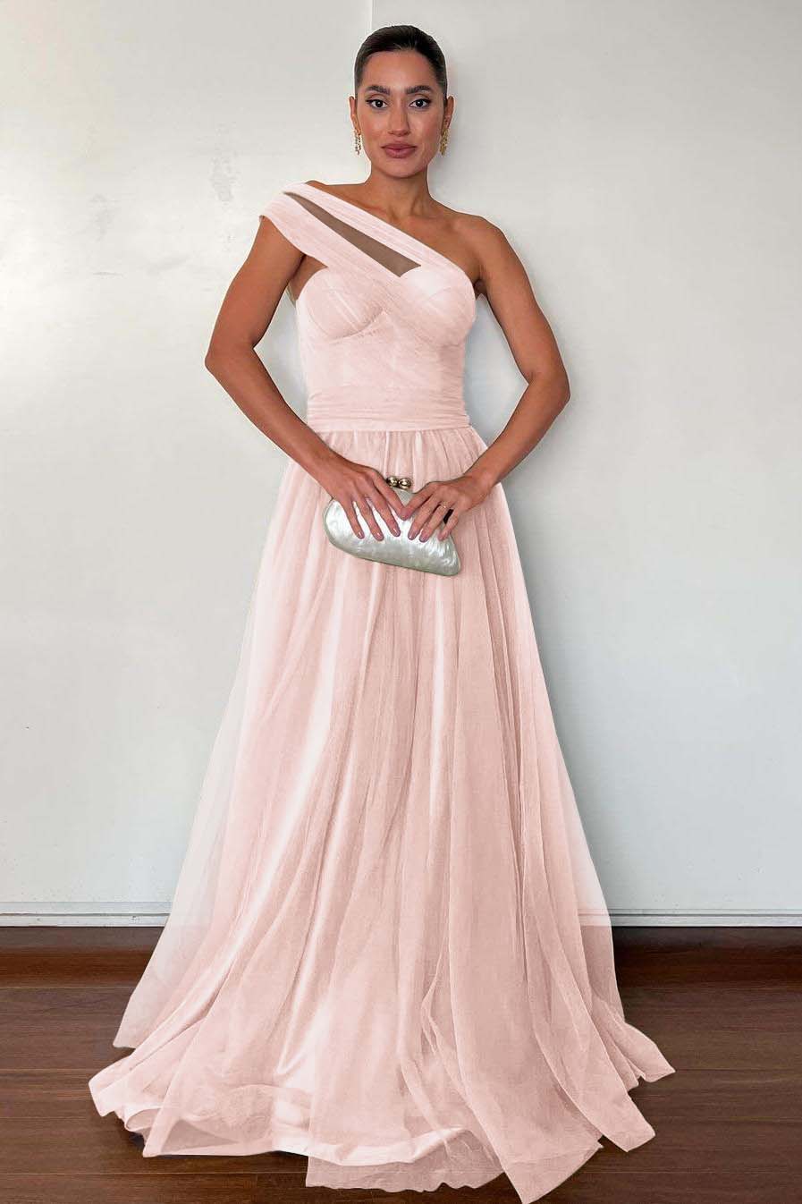 Stunning Green Tulle One Shoulder Sleeveless Long Prom Dress with Pleated