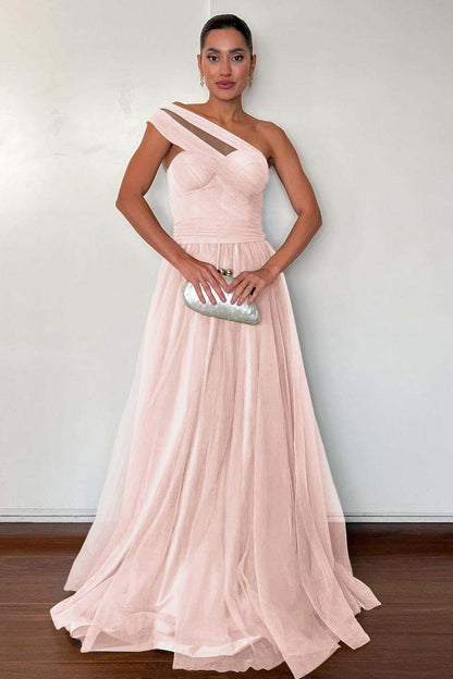 Stunning Green Tulle One Shoulder Sleeveless Long Prom Dress with Pleated