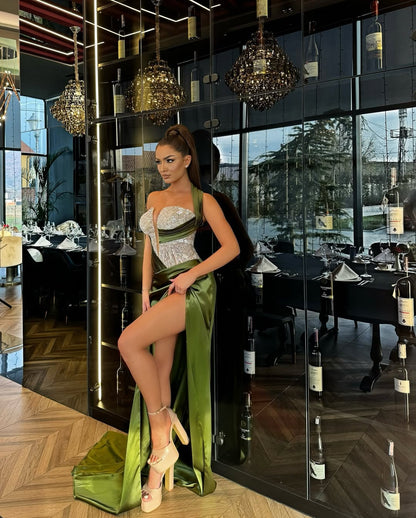 Sleeveless Halter Straps One-Shoulder Deep V-Neck Beads Mermaid Prom Dress
