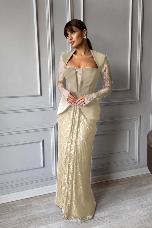 Chic Long Sleeves Strapless Deep V Neck Mermaid Long Prom Dress