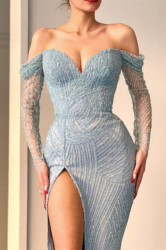 Gorgeous Off-the-shoulder Long Sleeves Sweetheart Mermaid Evening Dress with Beadings