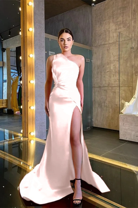 One Shoulder Sleeveless Mermaid Prom Dress Red With Slit
