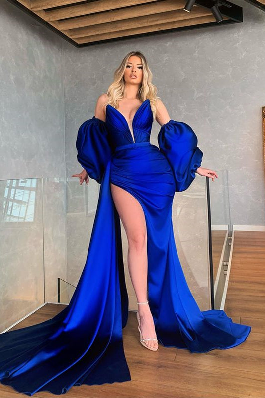 Mermaid Royal Blue Removable Sleeves Prom Dress With Slit