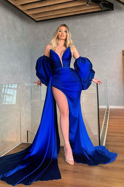 Mermaid Royal Blue Removable Sleeves Prom Dress With Slit