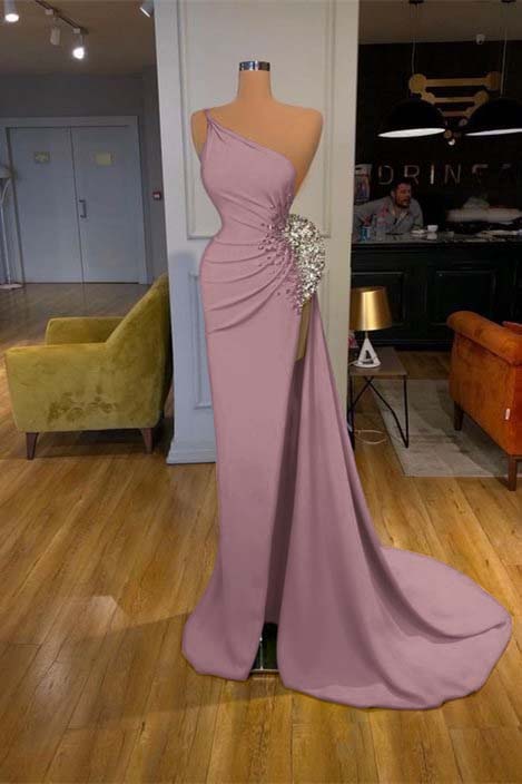 Spaghetti-strap Sequins One Shoulder Mermaid Prom Dress With Split